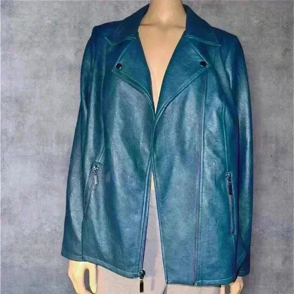 NWOT Alfani Women's Asymmetrical Zip Teal Faux Leather Jacket size 1X - Picture 6 of 13
